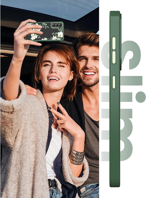 Dretal Galaxy S21 5G Case - Floral Design, Military Grade, Slim Hard Back & Soft Edge + Tempered Glass Protector (Green)