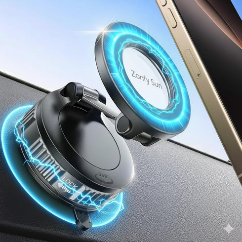 Zonfy Sun 360 17 16 15 14 13 12 Foldable Magnetic Car Phone Mount with Suction Cup Rotatable MagSafe-Compatible Holder