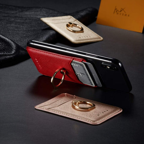 Phone Card Holder with Ring Grip, Adhesive Stick-on Credit Card Wallet Pocket for iPhone, Android (Rosegold)