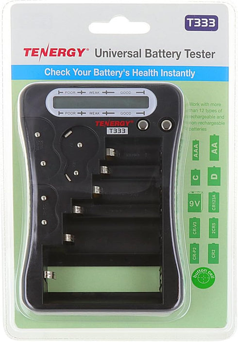 T-333 9V, CR123A, CR2, CRV3, 2CR5k CRP2, Tenergy Universal Battery Tester, LCD Display, Cell Checker, Multi-Purpose