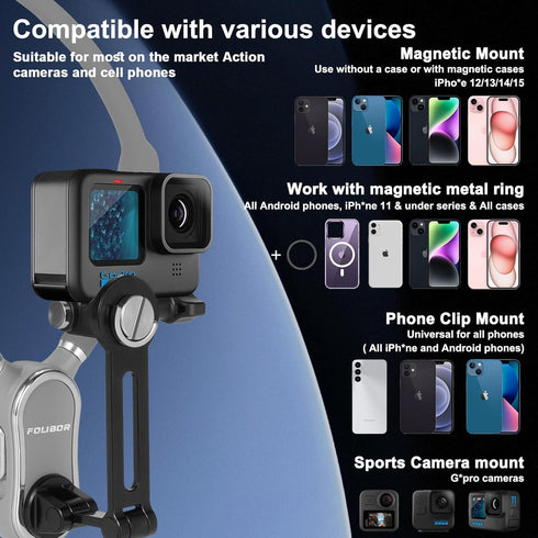 Magnetic Neck Phone Holder, 4 in 1 Neck Mount for Phones and Action Cameras, Hands-Free Holder for Recording POV/Vlog