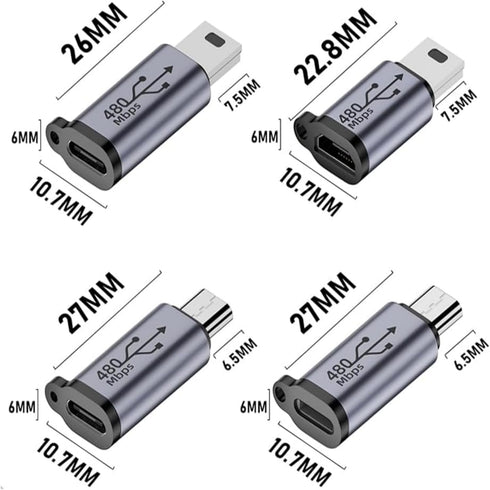 USB C/Micro USB to Mini USB Connector, Type C/Lightning to Micro USB Adapter, 8 Pack for Phone/PC, 480Mb
