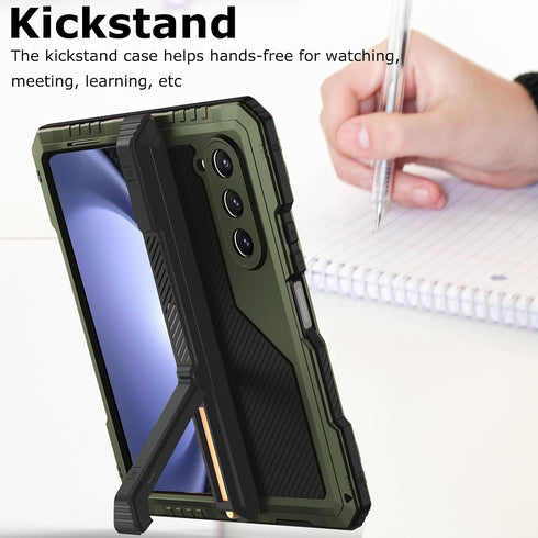 Rugged Heavy Duty Metal Case for Samsung Galaxy Z Fold 5 with Slim S Pen Holder, Full-Body Protection, Green