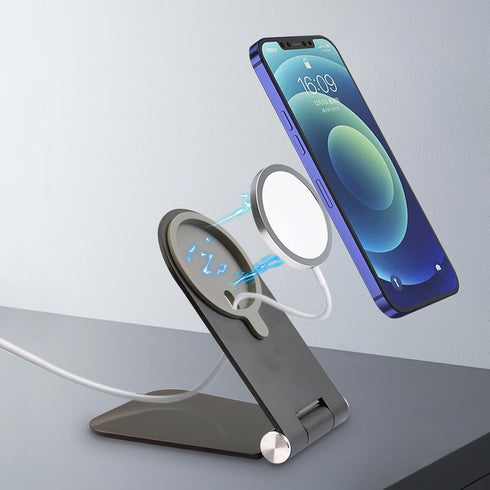 Foldable Phone Stand for MagSafe Charger, Adjustable Angle Aluminum Desk Holder Compatible with MagSafe for iPhone 15