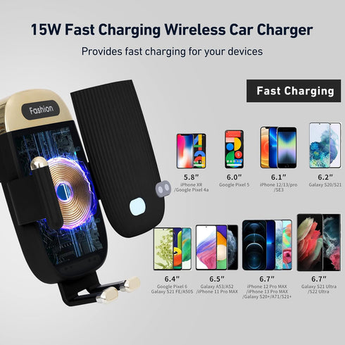 Wireless Car Charger Mount, 15W Qi Fast Charger with Smart Sensor Air Vent, Automatic Clamping Phone Holder for iPhone
