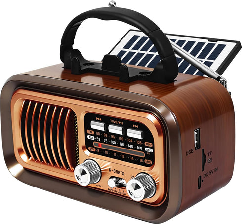 Bingxue Vintage Portable Radio with Bluetooth & TWS, AM/FM/SW Reception, Solar/D Battery/USB Charging,