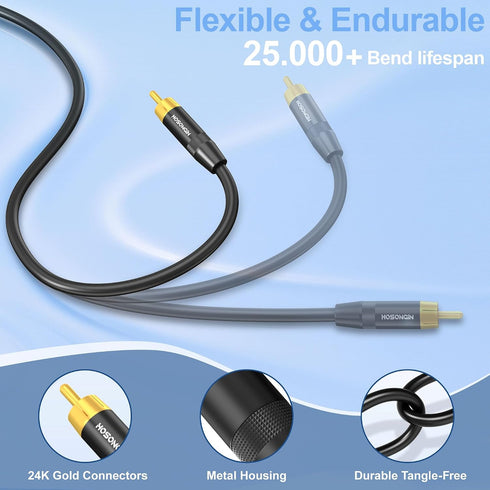 10FT, HOSONGIN RCA Subwoofer Cable RCA Male to Male Digital Coaxial Audio Cable for Home Theater, Soundbars
