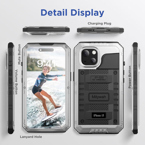Mitywah Heavy Duty Waterproof Case for iPhone 15, Full Body Underwater Protective Metal Case with Built-in Screen