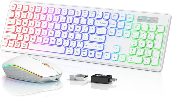 Wireless Keyboard and Mouse - RGB Backlit, Rechargeable & Light Up Letters, Full-Size, Ergonomic Tilt Angle, White