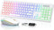 Wireless Keyboard and Mouse - RGB Backlit, Rechargeable & Light Up Letters, Full-Size, Ergonomic Tilt Angle, White