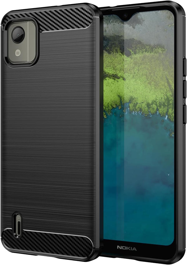 Shockproof Carbon Fiber Jacket Phone Case for Nokia C110, Scratch Resistant Soft TPU, Black