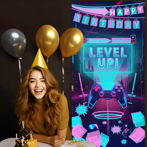 Video Game Happy Birthday Party Door Banner, Level Up Background for Boys Gamer Room Themed Birthday Decoration, 70.8 x