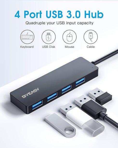 BYEASY USB Hub, 4 Port USB 3.0 Hub, Ultra Slim Portable Data Hub Applicable for iMac Pro, MacBook Air, Mac Mini/Pro, Surface Pro, Notebook PC, Laptop, USB Flash Drives, and Mobile HDD (Leather Black)