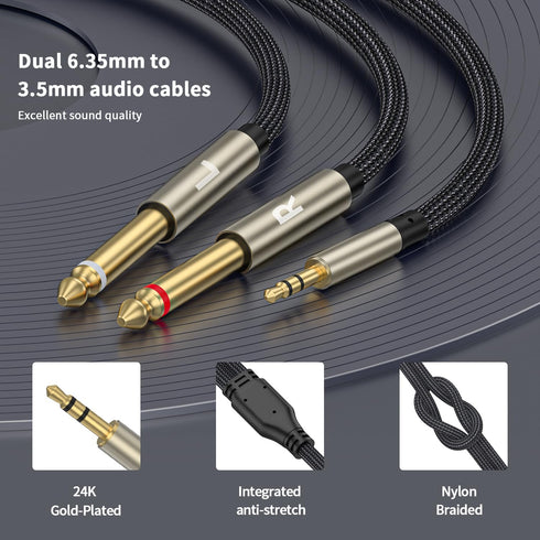 3.5mm 1/8 TRS to Dual 6.35mm 1/4 TS Mono Breakout Cable, Y Splitter Stereo Cord for iPhone, iPod, Home Stereo