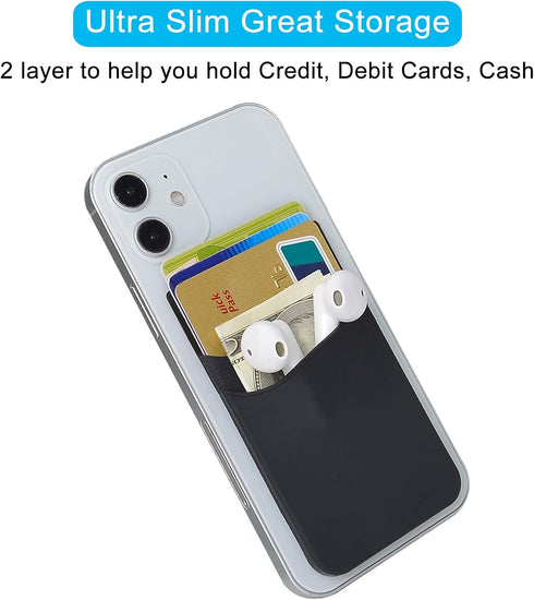 SS Phone Wallet Stick On - 2 Pocket Sleeve Adhesive Card Holder for iPhone, Samsung, Most Smartphones - 6 Pack