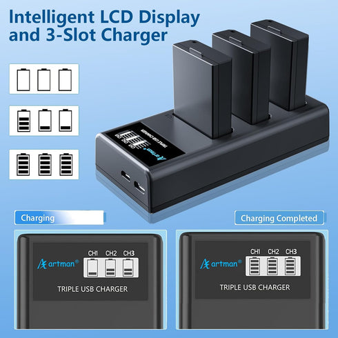 A Artman LP-E10 3-Pack 1600mAh 3-Slot E10, T7 T6 T5 T3 T100, X50 X70 X70 X80 X90, 1100D 1200D 1300D 1500D 2000D 3000D