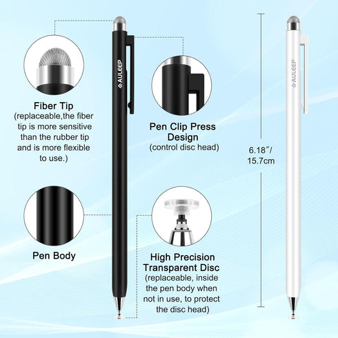 AULEEP 2-in-1 (2 Stylus (Fiber & Disc Tip) Stylus Pens for Touch Screen, High Sensitivity & Precision Capacitive Stylus