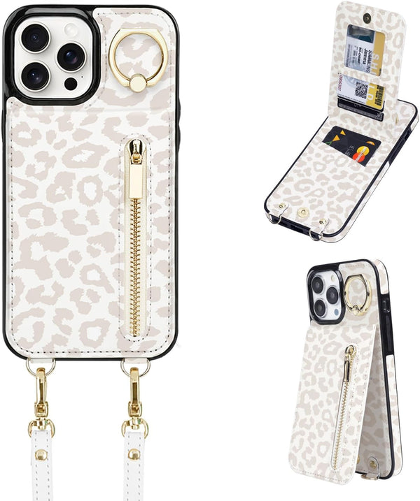 uCOLOR for iPhone 15 Pro Wallet Case with Card Holders for Women, Crossbody Zipper Protective Leather Case with Strap