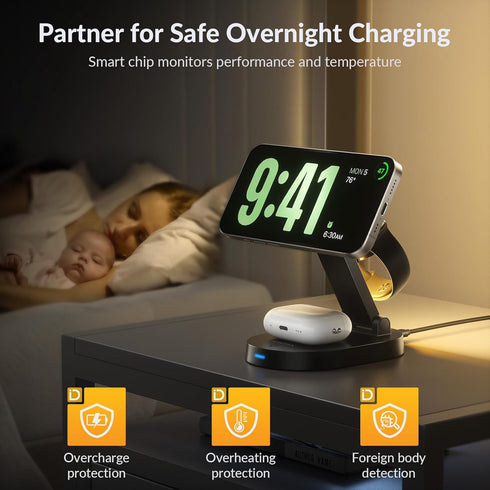 iDsonix 3 in 1 Mag-Safe Charger Stand, Fast Wireless Charger Station for Apple Devices, Adjustable Stand, LED Light