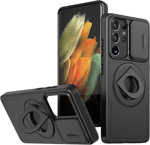 Shop Samsung Galaxy S21 Ultra Mag-Safe Kickstand Case: Slim, Shockproof, Military-Grade, 360° Rotating Stand, Black.