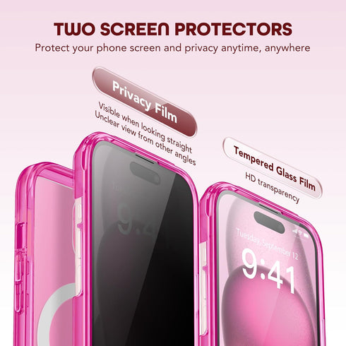 TIESZEN iPhone 15 Case - Fluorescent Pink, Dustproof, MagSafe Compatible, 9H Tempered Glass & Privacy Screen Protectors.