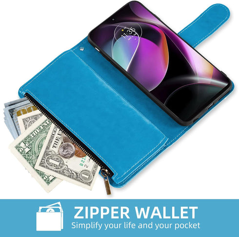 Asuwish Wallet Case for Motorola Moto G 5G 2022 - Blue Flower Leather Flip with Tempered Glass Screen Protector,