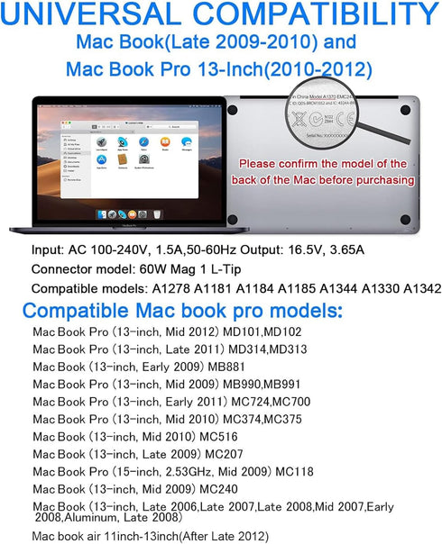 Mac Book Pro Charger, Replacement 60W Power Adapter L-Tip for Mac Book Pro 13 Inch Before Mid 2012