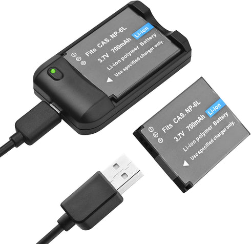 Andoer NP-6L Battery Charger with LED Indicator Light + 2 x NP-6L 3.7V 700mAh Batteries with USB Charging Cable
