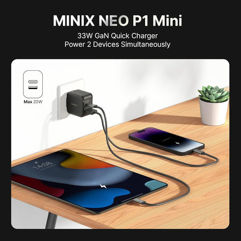 MINIX NEO P1 Mini 33W PPS 2-Port GaN Charger, 1 USB-C Fast Charger and 1 USB-A Quick Charger 3.0 for iPhone and Galaxy