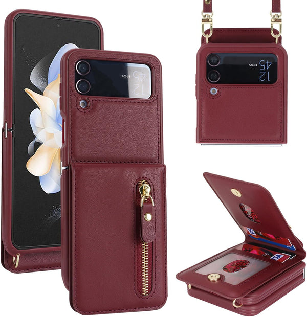 Cavor for Samsung Galaxy Z Flip 4 Case Wallet with Strap, Crossbody Lanyard Card Holder Stand, Cute Leather Zipper