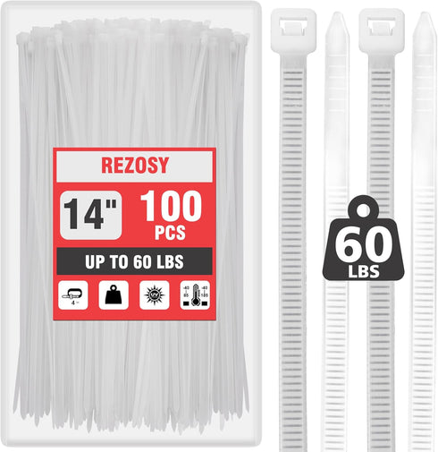 REZOSY White Clear Zip Ties 14 Inch (100 Pack) - 60 lb Heavy