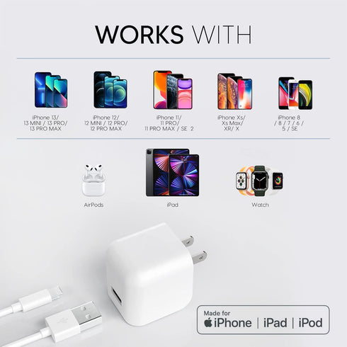 TALK WORKS 5' MFI Certified USB Lightning Cable for iPhone 14/13/12, AirPods, iPad - Wall Charger Adapter (White)