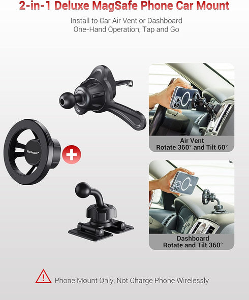 PROfezzion Deluxe Metal Version for MagSafe Car Mount, 2 in 1 Combo Magnetic Phone Holder for Car Compatible with
