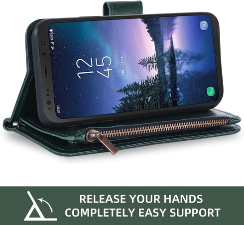 Asuwish Wallet Case for Samsung Galaxy S8 Active - Dark Green, with Tempered Glass Protector & Flower Flip Card Holder.