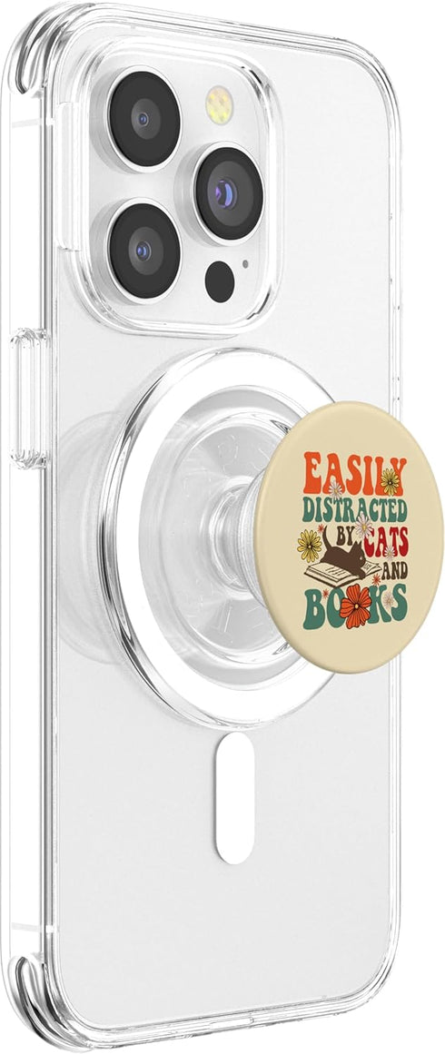 Cute Book Lover PopSockets PopGrip for MagSafe, Groovy Easily Distracted by Cats and Books