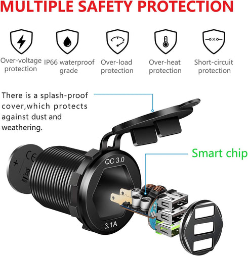 Quick Charge 3.0 Car Charger, 12V/24V 35W QC3.0/2.0 USB Charger Socket, 3 USB Power Outlet Fast Charge with Wire Fuse