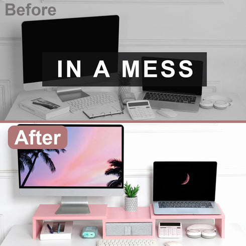 TEAMIX Pink Dual Monitor Stand Riser with Drawer - Adjustable Length and Angle for 2 Laptop/PC/Screen/TV (1 Drawer)