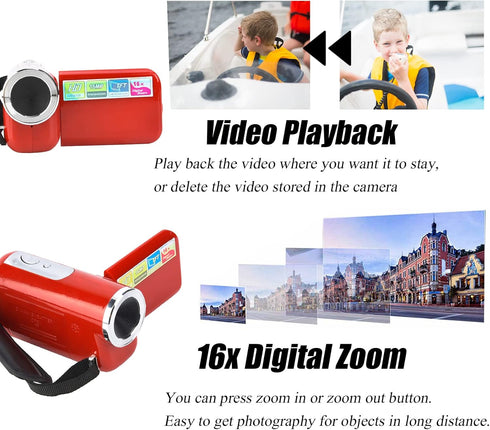 Kids Camera Camcorder, Portable 16X HD Digital Video Camera with 2-inch TFT LCD Screen, for Kids YouTube or Vlog 16MP