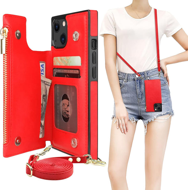 Bocasal Crossbody Wallet Case for iPhone 13, Magnetic Flip Folio Purse with RFID Blocking Card Slot, 6.1 Inch (Red)