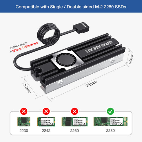 GRAUGEAR M.2 2280 SSD Heatsink with 20mm Cooling Fan, Copper Heat Pipe, Aluminum Plate-Fin Design, Thermal Pads Included