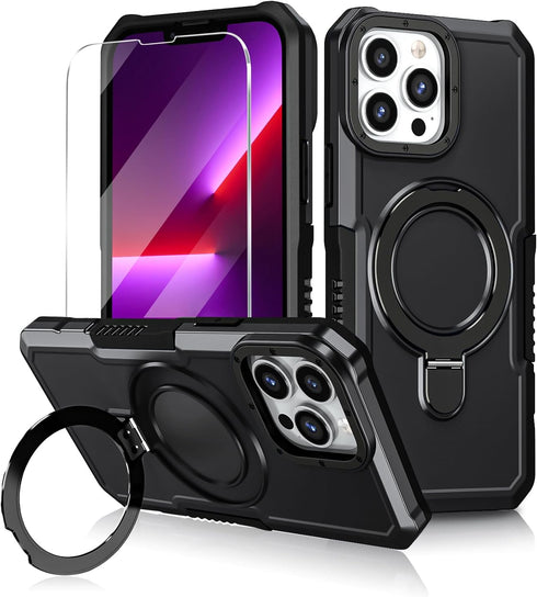 iPhone 13 Pro Case - Black, MIL-Grade Shockproof, Dual Layer, Built-in Stand & Ring Holder, Compatible with MagSafe.