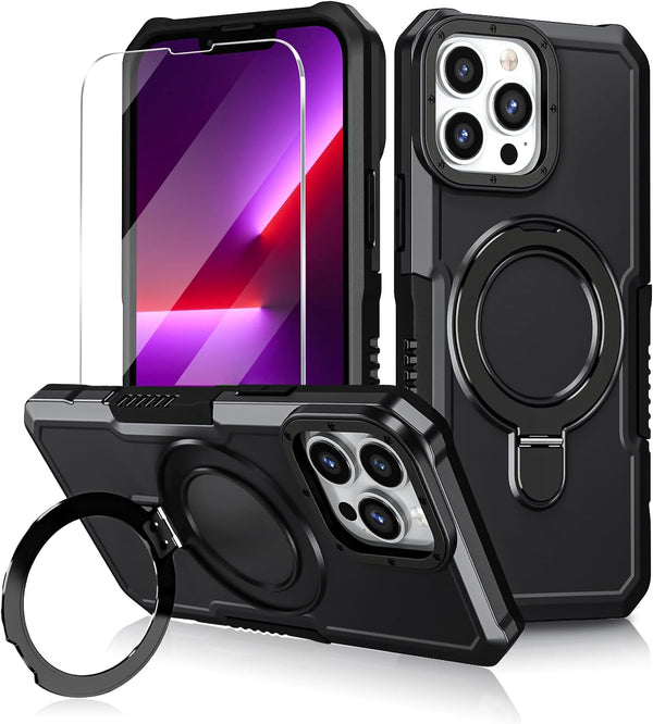 iPhone 13 Pro Case - Black, MIL-Grade Shockproof, Dual Layer, Built-in Stand & Ring Holder, Compatible with MagSafe.