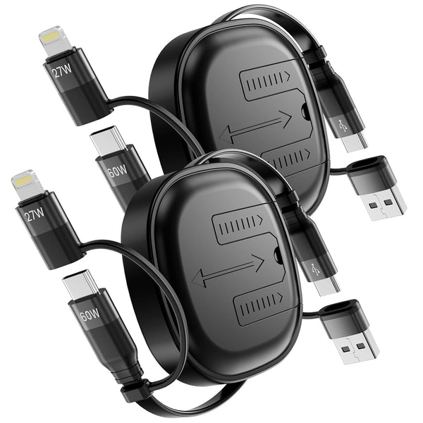 Multi Charging Cable, 2Pack 5 in 1 Retractable Lightning Charger Cable 60W Fast Charging & Data Sync Cord with IP/Type