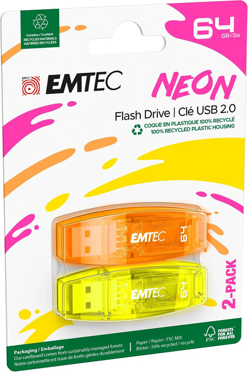 Emtec C410 Neon 64GB Flash Drive - USB 2.0 - Transparent Neon with