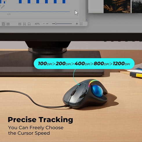 Trackball Mouse Wired, Ergonomic Design, USB Plug&Play, Precision Tracking with 5 Adjustable DPI, RGB Rollerball Mouse