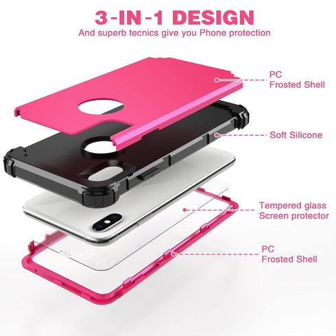 IDweel for iPhone Xs Max Case with Tempered Glass Screen Protector, 3 in 1 Heavy Duty Protection, Rose Red
