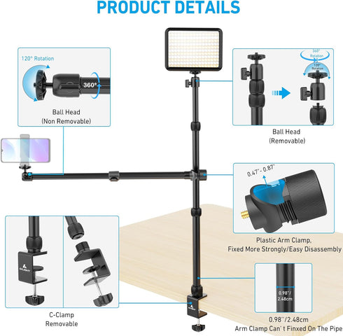 Overhead Camera Mount Table Stand with 2 Section Telescopic Arm, Adjustable Light Stand Mount for DSLR, Phone, Webcam