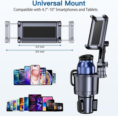 2 in 1 Car Cup Holder Phone Tablet Mount, Adjustable Long Arm with 360° Rotation for All Smartphones and Tablets