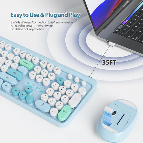 Fogruaden Wireless Keyboard and Mouse Combo, 2.4GHz Retro Typewriter Keyboard, 104 Full Size Round Keycap Cute Computer
