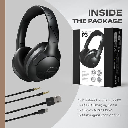 PowerLocus Bluetooth Headphones Over Ear, 50H Playtime with 4 EQ Modes, Wireless Headphones with Microphone, HiFi